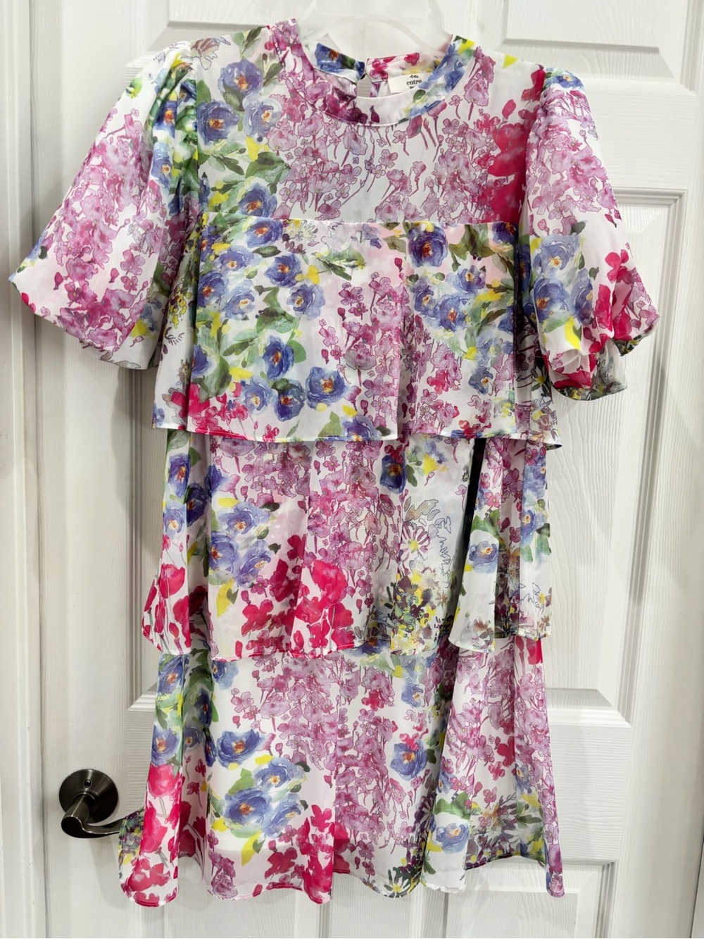 entro Floral Tiered Dress in Pink, Purple & Blue